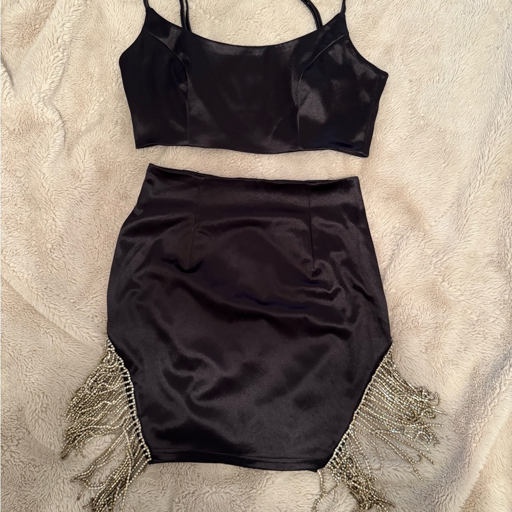 Better Be Black two piece mini Skirt with Fringe Accents